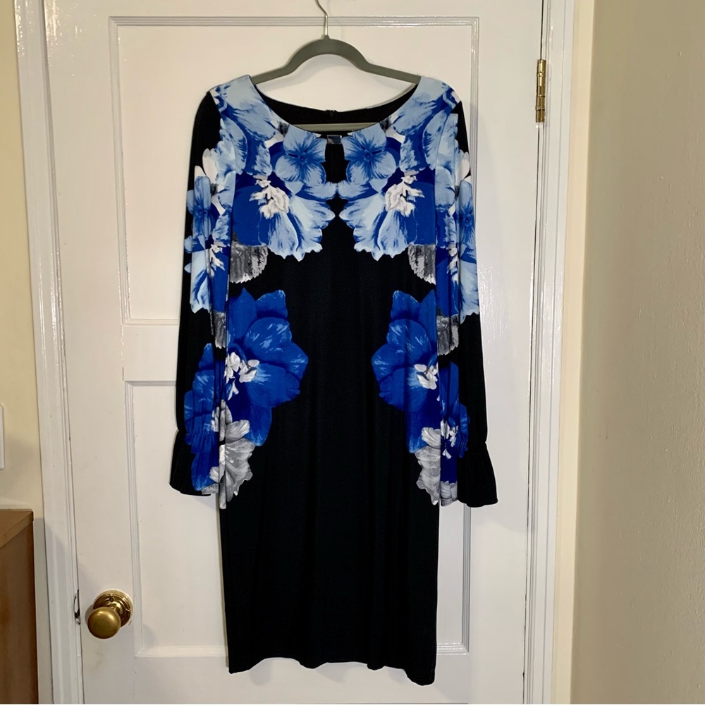 Calvin Klein Blue Pansy Floral Watecolor Flutter Sleeve Black Sheath Dress